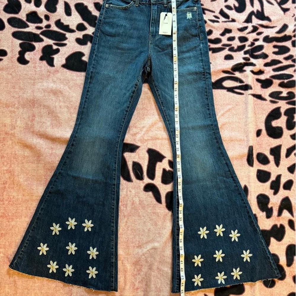 Forever 21 Women's Flare Jeans with White Floral Embroidery